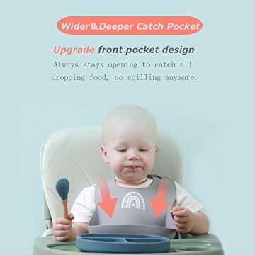 Silicone Baby Feeding Set-Baby Feeding Supplies with Suction Bowl＆Divided Plate＆Adjustable Bib＆Soft Spoon-BPA Free Tableware Self Feeding Set-Easily Clean Infant Training Eating Utensils (Green)