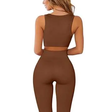 QINSEN Workout Outfits for Women 2 Piece Ribbed Seamless Crop Tank High Waist Yoga Leggings Sets Bro...