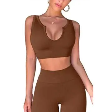 QINSEN Workout Outfits for Women 2 Piece Ribbed Seamless Crop Tank High Waist Yoga Leggings Sets Brown M