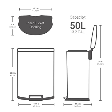 QUALIAZERO 50L/13Gal Heavy Duty Hands-Free Stainless Steel Commercial/Kitchen Step Trash Can, Fingerprint-Resistant Soft Close Lid Trashcan, 13Gal, D Shape