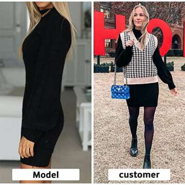 EXLURA Womens Mock Neck Puff Long Sleeve Bodycon Pullover Cute Mini Sweater Dress Black