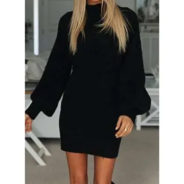 EXLURA Womens Mock Neck Puff Long Sleeve Bodycon Pullover Cute Mini Sweater Dress Black
