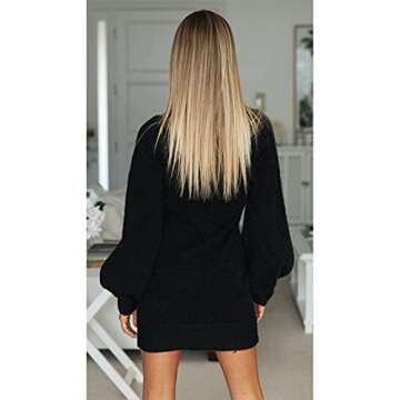 EXLURA Womens Mock Neck Puff Long Sleeve Bodycon Pullover Cute Mini Sweater Dress Black