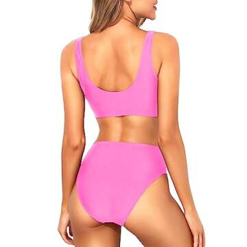 Tempt Me Women Neon Pink Two Piece Scoop Neck Bikini Crop Top Swimsuit Sporty High Waisted Bathing S...