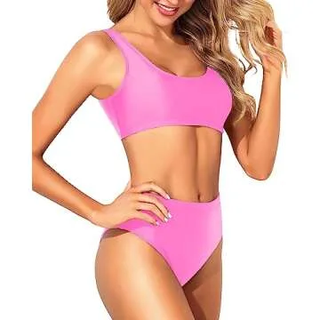 Tempt Me Women Neon Pink Two Piece Scoop Neck Bikini Crop Top Swimsuit Sporty High Waisted Bathing Suit L