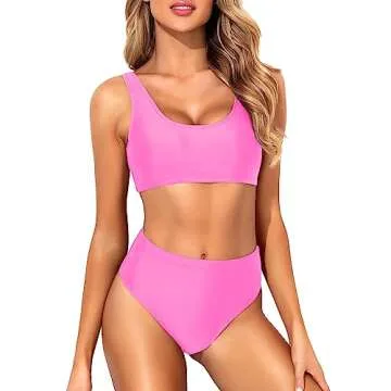 Tempt Me Women Neon Pink Two Piece Scoop Neck Bikini Crop Top Swimsuit Sporty High Waisted Bathing Suit L