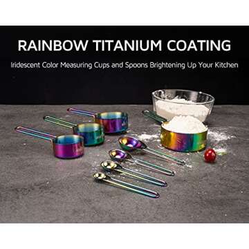 WELLSTAR Measuring Cups and Spoons Set of 8, Food Grade 18/8 Stainless Steel Measure set for Dry Liquid Measurement, Rainbow Titanium Coated Kitchen Gadgets for Cooking Baking, 4 Cup and 4 Spoon