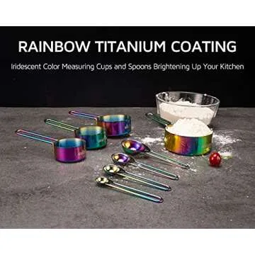 WELLSTAR Measuring Cups and Spoons Set of 8, Food Grade 18/8 Stainless Steel Measure set for Dry Liquid Measurement, Rainbow Titanium Coated Kitchen Gadgets for Cooking Baking, 4 Cup and 4 Spoon