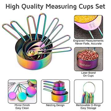 WELLSTAR Measuring Cups and Spoons Set of 8, Food Grade 18/8 Stainless Steel Measure set for Dry Liquid Measurement, Rainbow Titanium Coated Kitchen Gadgets for Cooking Baking, 4 Cup and 4 Spoon