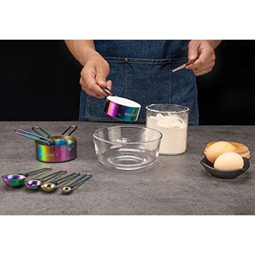 WELLSTAR Measuring Cups and Spoons Set of 8, Food Grade 18/8 Stainless Steel Measure set for Dry Liquid Measurement, Rainbow Titanium Coated Kitchen Gadgets for Cooking Baking, 4 Cup and 4 Spoon