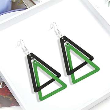 ANXIN Boho Personality Retro Tassel Rectangular Wooden Contrasting colors Earrings Chic Green Temperament Geometric Earrings Jewelry Gifts For Women (Black Green Wooden Earrings)
