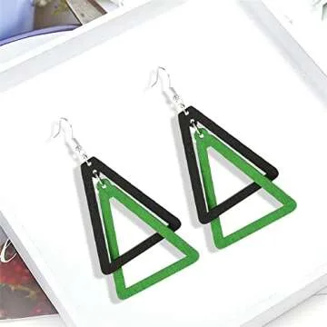 ANXIN Boho Personality Retro Tassel Rectangular Wooden Contrasting colors Earrings Chic Green Temperament Geometric Earrings Jewelry Gifts For Women (Black Green Wooden Earrings)