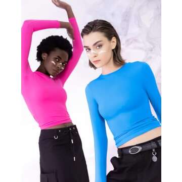 PUMIEY Women's Long Sleeve T Shirts Crew Neck Slim Fit Going Out Tops for Women Sexy Basic Tee, Pool Medium