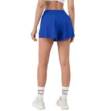 Aurefin Women's 2 in 1 Flowy Running Shorts High Waisted Athletic Shorts for Women Lightweight Workout Yoga Gym Shorts Blue/XX-Small