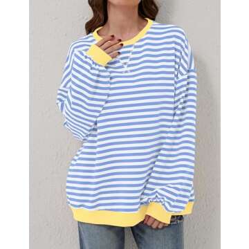 Labolliy Women Striped Oversized Sweatshirt Color Block Crew Neck Long Sleeve Shirt Casual Pullover Top Fall Y2K Clothes Blue White