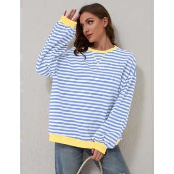 Labolliy Women Striped Oversized Sweatshirt Color Block Crew Neck Long Sleeve Shirt Casual Pullover Top Fall Y2K Clothes Blue White