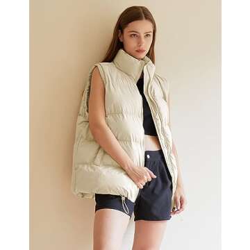 MISSFASHION Sleeveless Puffer Vest for Women Quilted Callared Zip Up Padded Jacket Black Coat Outwear (Apricot-XL)