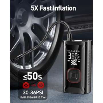 HIPOM Tire Inflator Portable Air Compressor, Mini Air Pump for Car Tires, Electric Bike Tire Pump with Digital Pressure Gauge, Battery Powered Cordless Tire Inflator for Motorcycle Auto Ball Bicycle