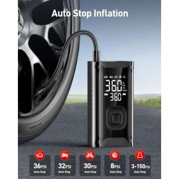 HIPOM Tire Inflator Portable Air Compressor, Mini Air Pump for Car Tires, Electric Bike Tire Pump with Digital Pressure Gauge, Battery Powered Cordless Tire Inflator for Motorcycle Auto Ball Bicycle