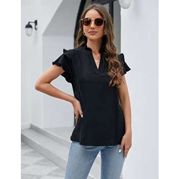 Blooming Jelly Womens Dressy Casual Tops Ruffle Short Sleeve V Neck Shirts Elegant Business Work Blouse(XX-L, Black)