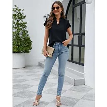 Blooming Jelly Womens Dressy Casual Tops Ruffle Short Sleeve V Neck Shirts Elegant Business Work Blouse(XX-L, Black)
