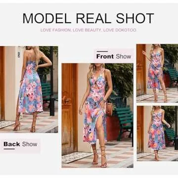 Dokotoo Womens Fashion Vintage Plus Size Summer Floral Print Spaghetti Strap Split Sundress Sexy V Neck Tie Front Bohemian Satin Cut Out Maxi Dress for Party Multicolor Small