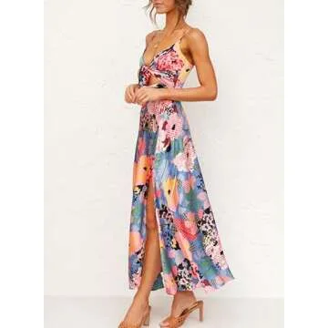 Dokotoo Womens Fashion Vintage Plus Size Summer Floral Print Spaghetti Strap Split Sundress Sexy V Neck Tie Front Bohemian Satin Cut Out Maxi Dress for Party Multicolor Small