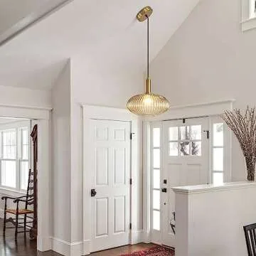 KCO Lighting Modern Gold Globe Pendant Lamp 1-Light Mid Century Antique Brass Dining Pendant Light Amber Glass Farmhouse Pendant Lighting Adjustable Large Vintage Hanging Ceiling Pendant Light