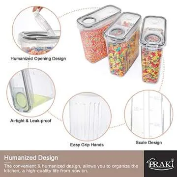 PRAKI 5PCS Cereal Containers Storage Set, BPA Free Airtight Food Storage Container Set with Lids, Kitchen Pantry Organization and Storage for Sugar, Baking Supplies with 20 Labels & Mark(4L Grey)