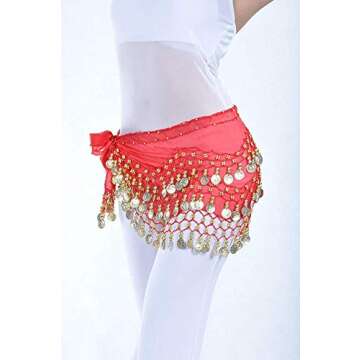 REINDEAR Red Chiffon Belly Dance Hip Scarf with Coins