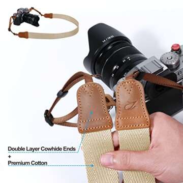 Padwa Lifestyle Off White Camera Strap - Double Layer Crazy Horse Cowhide Ends,1.5"Wide Pure Cotton Woven Camera Strap,Adjustable Neck Shoulder Strap for All DSLR Cameras,Great Gift for Photographers