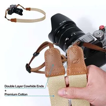 Padwa Lifestyle Off White Camera Strap - Double Layer Crazy Horse Cowhide Ends,1.5"Wide Pure Cotton Woven Camera Strap,Adjustable Neck Shoulder Strap for All DSLR Cameras,Great Gift for Photographers