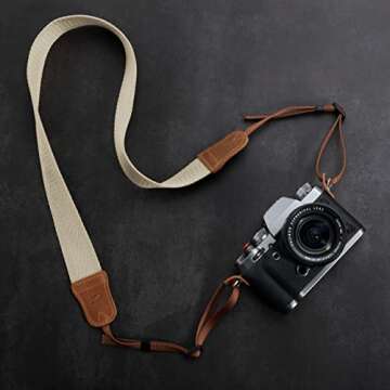 Padwa Lifestyle Off White Camera Strap - Double Layer Crazy Horse Cowhide Ends,1.5"Wide Pure Cotton Woven Camera Strap,Adjustable Neck Shoulder Strap for All DSLR Cameras,Great Gift for Photographers
