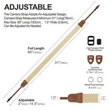 Padwa Lifestyle Off White Camera Strap - Double Layer Crazy Horse Cowhide Ends,1.5"Wide Pure Cotton Woven Camera Strap,Adjustable Neck Shoulder Strap for All DSLR Cameras,Great Gift for Photographers