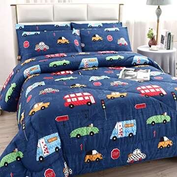 MAG 3Pcs Cartoon Car Bedding Comforter Set, Blue Cute Twin Comforter Set for Toddlers,Kids,Boys Teen...
