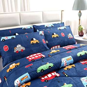 MAG 3Pcs Cartoon Car Bedding Comforter Set, Blue Cute Twin Comforter Set for Toddlers,Kids,Boys Teens and Girls,Super Soft Microfiber,Twin Size