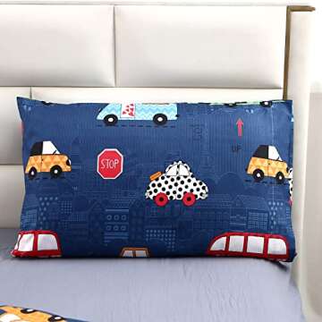 MAG 3Pcs Cartoon Car Bedding Comforter Set, Blue Cute Twin Comforter Set for Toddlers,Kids,Boys Teens and Girls,Super Soft Microfiber,Twin Size
