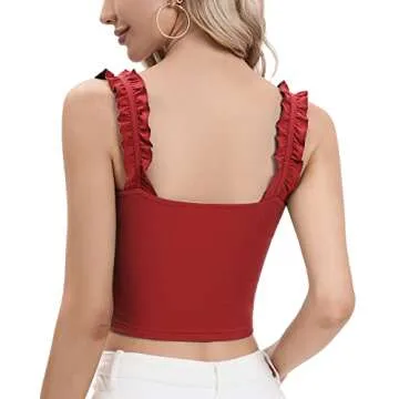 CLOZOZ Crop Tops for Women Ruffle Cropped Tank Tops Cute Summer Ribbed Square Neck Trendy Going Out Preppy Strappy Top Red