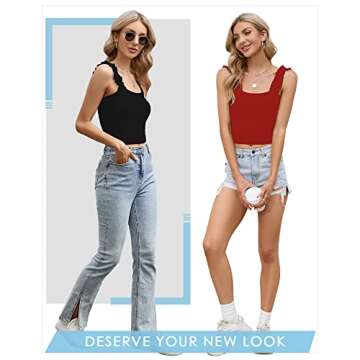 CLOZOZ Crop Tops for Women Ruffle Cropped Tank Tops Cute Summer Ribbed Square Neck Trendy Going Out Preppy Strappy Top Red