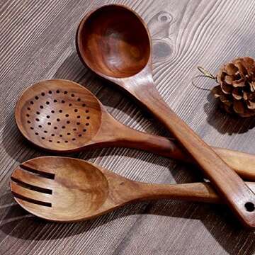 Wooden Kitchen Utensil Set Uncoated Dishwasher Safe Bamboo Cooking Utensils Set with Holes, Organic Teak Wooden Spoons for Cooking (Dark Brown)
