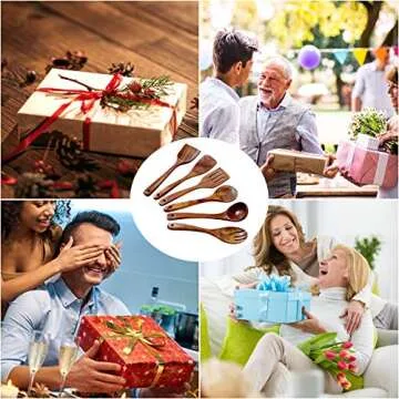 Wooden Kitchen Utensil Set Uncoated Dishwasher Safe Bamboo Cooking Utensils Set with Holes, Organic Teak Wooden Spoons for Cooking (Dark Brown)