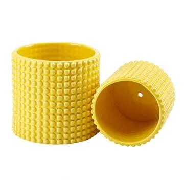 MyGift 6 Inch Ceramic Round Planter Pot, Set of 2 Vintage-Style Yellow Ceramic Flower Pots, Indoor Hobnail Textured Cylindrical Succulent Plant Containers
