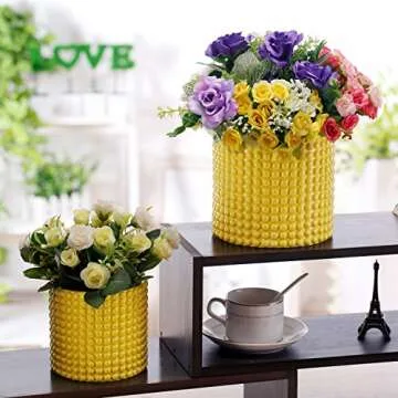 MyGift 6 Inch Ceramic Round Planter Pot, Set of 2 Vintage-Style Yellow Ceramic Flower Pots, Indoor Hobnail Textured Cylindrical Succulent Plant Containers