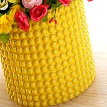 MyGift 6 Inch Ceramic Round Planter Pot, Set of 2 Vintage-Style Yellow Ceramic Flower Pots, Indoor Hobnail Textured Cylindrical Succulent Plant Containers
