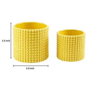 MyGift 6 Inch Ceramic Round Planter Pot, Set of 2 Vintage-Style Yellow Ceramic Flower Pots, Indoor Hobnail Textured Cylindrical Succulent Plant Containers