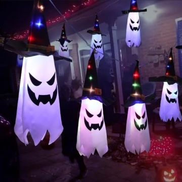Shearly Outdoor Halloween Decor: 5 Pcs Glowing Ghost & Witch Hat String Lights