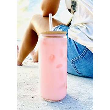 Sunshine Co. 20oz Glass Tumbler Iced Coffee Cup Beer Can (with Glass Straw and Bamboo Lid) Matcha Tea Tik Tok Reusable