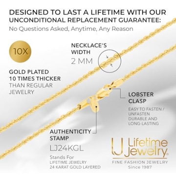 24k Gold Plated Rope Chain Necklace for Men & Women