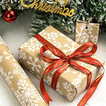 RUSPEPA Kraft Christmas Wrapping Paper Roll - Mini Roll - White Snowflake Design for Holiday Gift Wr...