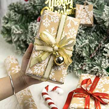 RUSPEPA Kraft Christmas Wrapping Paper Roll - Mini Roll - White Snowflake Design for Holiday Gift Wrap - 17 Inches X 32.8 Feet